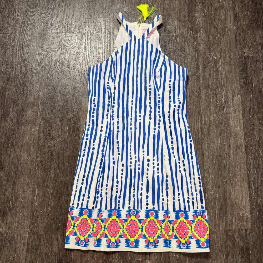 Lilly Pulitzer Shift Dress Women 4 Blue White Striped Halter Tassel Coastal